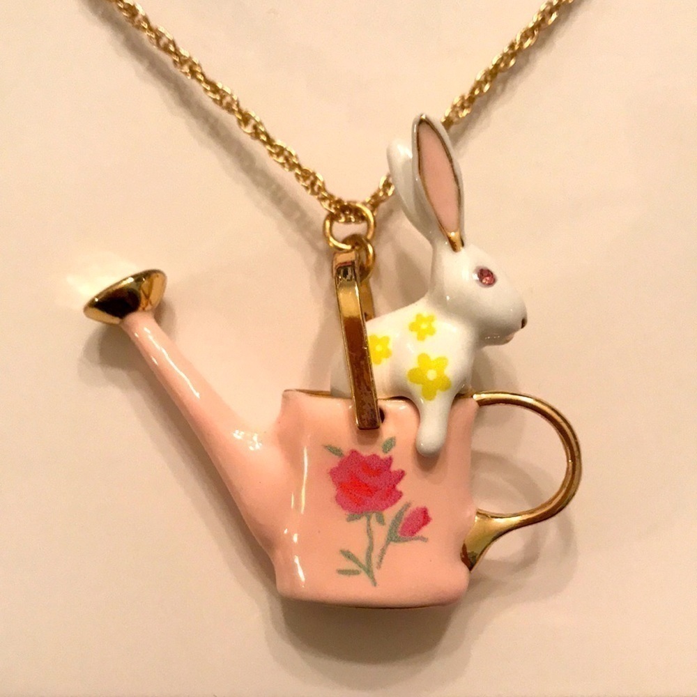 Brand New Betsey Johnson Watering Can Bunny Slider Long Pendant Necklace Easter - Picture 3 of 10